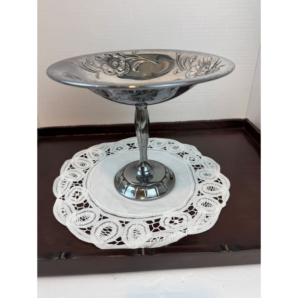 Vintage Silver Plated Floral Pedestal Candy Dish Compote Bowl Embossed Poppy